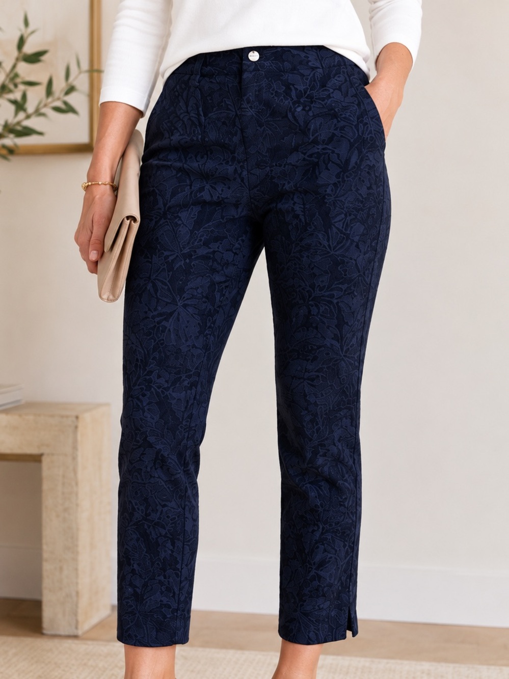Robell Marie Navy Floral Jacquard Cropped Pull-On Pants